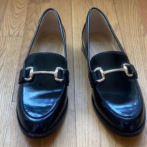 J. Crew Glossy Black Loafers with Gold Accent